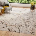 TAPISO Golden Teppich Wohnzimmer Kurzflor Schlafzimmer Luxuriös Beige Weiß Gold Linien Abstrakt Meliert Verwischt Modern Design ÖKOTEX 200 x 300 cm