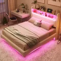 MODFU Doppelbett 140×200 mit Matratze,Stauraumbett mit USB- und TYPE-C-Schnittstelle,Polsterbett mit LED-Licht,Abgehängtes Design,Beige