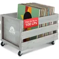 Stagecaptain SPK-100 GY Schallplattenkiste “Emil” 2x Set - Aufbewahrungsboxen für bis zu 100 LPs - aus Vollholz im Retro-Design - 4 lenkbare Rollen - auch für vieles andere bis 25 kg - Grau