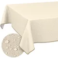 Tischdecke abwaschbar Wachstuch Wachstuchtischdecke Gartentischdecke Leinen-Optik Pflegeleicht Wasserabweisend 140 x 120cm (Rechteckig) Creme mit Saum