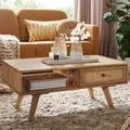 WOHNLING Couchtisch 90x40x45 cm Mango Massivholz / Rattan Wohnzimmertisch Rechteckig Holztisch mit Stauraum Sofatisch mit Schublade Tisch Wohnzimmer