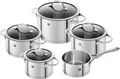 Zwilling Topf-Set Essence, Edelstahl 18/10 (Set, 9-tlg., je 1 Kochtopf Ø 16/20/24 cm, 1 Bratentopf Ø 20 cm, 1 Stieltopf Ø 16 cm), Sandwichboden sehr gute Wärmeverteilung Füllskala Edelstahlgussgriffe