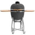 BBQ-Toro Kamado Grill Holzkohlegrill "KURO" Ø 52 cm | Grau | Holzkohlegrill mit Bambusablage, Thermometer, Holzgriffen, Rollen | Keramikgrill rund, Ceramic Grill Ei, Grillofen, Kamado mit Ablage