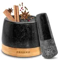 Praknu Mörser aus Granit mit Stößel 10cm - Für ein feines Mahlergebnis - Mit Untersetzer aus nachhaltigem FSC® Holz - Leicht zu Reinigen - Klein