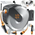 KESSER Gartenschlauch Wasserschlauchtrommel 180° schwenkbar & automatische Aufrollung, (Inklusive ergonomischer 7-Funktionen-Power-Handbrause), Schlauchtrommel mit Gartenschlauch zur Wandmontage Wand-Schlauchbox grau 25 m