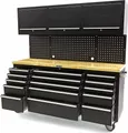 HBM Werkbank 182 cm mit 15 Schubladen, Schrankwand und Rückwand, Holzarbeitsplatte, schwarz