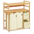 ADEL DREAM Wäschekorb 4 Fächer 2 Regale Wäschesammler 140L Wäscheboxen Mit Korb Wäschesortierer mit 2 Wäschesäcken & 2 Stoffboxen Wäschesack Bambus Wäscheregal Wäschebox Laundry basket Beige