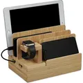 Relaxdays Ladestation, für Apple Watch, Bambus, HxBxT 15 x 21,5 x 15 cm, Handystation, Tablethalter, Uhrenständer, natur - Hellbraun