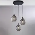Sospensione In Ferro Laccato Nero E Montatura Cromo Con Cavi Elettrici Regolabili E Diffusori In Vetro Soffiato Grigio Specchiato Con Decoro Effetto Cristallo 3 Luci H.32 - Max 132 - Ø45