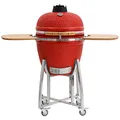 BBQ-Toro Kamado Grill Holzkohlegrill "KURO" Ø 52 cm | Rot | Holzkohlegrill mit Bambusablage, Thermometer, Holzgriffen, Rollen | Keramikgrill rund, Ceramic Grill Ei, Grillofen, Kamado mit Ablage