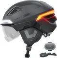 ABUS Fahrradhelm HYP-E B.LACE - mit Front-, Rück- und Blinklicht sowie kabellos zu aktivierendem Bremslicht - mit Visier und Ohrenschützern - für Fahrrad, E-Bike und S-Pedelec - Grau, Größe M (54-58 cm)