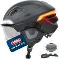 ABUS Fahrradhelm HYP-E BL.ACE - mit Front-, Rück- und Blinklicht sowie kabellos zu aktivierendem Bremslicht - mit Visier (klar) und Ohrenschützern - für Fahrrad, E-Bike und S-Pedelec - Größe L, Grau