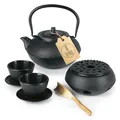 Lumaland Tee Set 8-teilig | 1,4 Liter Gusseiserne Teekanne Tetsubin | Stövchen aus Gusseisen | 2 Teebecher & 2 Untersetzer | Japanisches Teeset Inkl. Bambus Dosierlöffel & Edelstahl Sieb