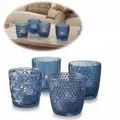 LS-LebenStil 4X Glas Teelichthalter Retro Blau 7cm 4´er Set Kristall Ornament Teelicht-Gläser Windlicht-Halter Kerzenständer Tischdeko Kerzen Deko Kerzenhalter für Teelichter Hochzeit