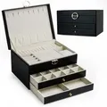 AdelDream Schmuckkasten dreistöckige Schmuckbox Schmuckschatulle mit linearem Design Schmuckaufbewahrung Geburtstags Schwarz - Schwarz