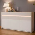 Forte OAK SQUERE Sideboard 160, elegantes Sideboard mit 3 Türen, Beleuchtung und Lamellendesign, Holzwerkstoff, Mauvella Eiche Nachbildung /Sand, 160 cm breit x 85,9 cm hoch x 41,5 cm tief