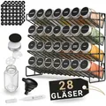LINFELDT Gewürzregal 28 Gläser - 108 Sticker + Stift + Schrauben zum Hängen - Gewürzregal Stehend - Gewürzgläser mit Regal ohne Gewürze - 34,5x25x11,5
