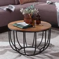 WOHNLING Couchtisch WL5.677 60x39x60 cm Sheesham Massivholz / Metall Korbtisch Sofatisch Wohnzimmertisch Rund Stubentisch Industrial Braun Holztisch