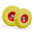 Relaxdays 4 Stück Schubkarrenreifen Pannensicher Vollgummi 4.1/8.9-10.2 cm 16mm Achse Ersatzrad Gelb Rot