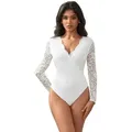 Lau-Fashion Body Langarm Spitze Bodysuits Weiß Unterwäsche Blumen Reizwäsche S/XL L/XL
