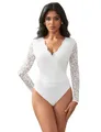 lau-fashion Langarm Body Spitze Bodysuits Weiß Unterwäsche Blumen Dessous Reizwäsche S/XL Größe L/XL