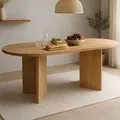 Esstisch Laurie | 204 x 90 cm | Akazienholz massiv | Farbe: Naturfarben | Oval mit gerader Kante | V-Gestell Holz | Esszimmertisch/Küchentisch aus... - Beige