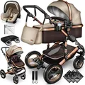 Kiduku Kinderwagen Komplettset, Kombikinderwagen Set inkl. Babywanne Buggy Auto-Babyschale Fußsack, Voll-Gummireifen Wickeltasche Regenschutz Kind... - Braun