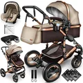 KIDUKU Kombi-Kinderwagen ® 3 in 1 Kombi-Kinderwagen Buggy Reisebuggy inkl. Auto- Babyscha, Kindertisch, Braun