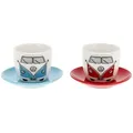 VW Collection by BRISA Espressotasse Volkswagen kleine Kaffeetassen, New Bone China, Espresso Becher im T1 Bulli Bus Design Bus Front, 2er Set, 100ml blau|bunt|rot