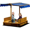 dobar® Sandkasten mit schwenkbarem Dach | Kinder-Sandkasten aus Holz | Sitzbänke | Sandbox inkl. Bodenplane | Verschließbare Sandkiste | 112 x 112 x 112 cm | Blau