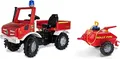Rolly Toys Unimog Feuerwehr Tretauto (mit Anhänger ab 3 Jahren, Feuerwehrauto zum selber fahren mit Flüsterlaufreifen, Schaltung, Handbremse, Tretfahrzeug, Tretauto ab 3, Kinderfahrzeug) 038275