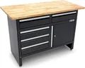 HBM Werkbank 120 cm mit 5 Schubladen und Tür, Arbeitsplatte aus Massivholz, schwarz