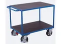 Schwerlast-Tischwagen, Stahl/Siebdruckplatte, Enzianblau/Dunkelbraun, 2 Etagen, L 995 x B 700 mm, Vollgummi-Rollen mit EasySTOP, bis 1000 kg