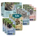 BOZITA Multibox Mixpack Lachs, Hering, viel Huhn, Rentier - Häppchen in Soße 12x85g Pouch Portionsbeutel - getreidefreies Nassfutter für erwachsene Katzen
