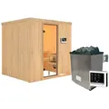 Karibu Woodfeeling Sauna Tromsö - 68 mm Aktionssauna Bronzierte Ganzglastür Ohne Dachkranz 9 kW Ofen inkl. Steuergerät