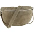 MIRROSI® Bauchtasche Damen, Made in Italy, Echtleder Umhängetasche Echtes Leder, Brusttasche, Crossbody Bag aus WLD Veloursleder, in 3 Größen erhältlich (Taupe WLD Silberner Reißverschluss) (Gr.S)