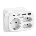 LENCENT USB Steckdose 7 in 1 Mehrfachsteckdose Steckdosenadapter, 3 Fach Doppel Euro und 1 Schuko Mehrfachstecker mit 2 USB-A und 2 USB-C Anschlüsse, Doppelstecker für Wand Steckdose, Polykarbonat