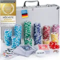 Profi Pokerkoffer Komplettset in Silber – Mit 300 schweren 12g Casino Pokerchips (Metallkern), Premium Pokerkarten, Würfel & Dealer-Button