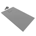 Moments of Glass SMC BOREAL Duschwanne 140x80 cm – extra flache Duschtasse (26 mm), rutschfest & robust, Schieferoptik, inkl. Ablaufgarnitur mit Deckel, Grau