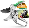 GRÜNTEK Gartenschere Amboss Strauchschere KONDOR 200 mm, automatisch zugeschaltete Ratsche, (Set, inkl. Ölschwamm und Schärfer), bis Ø24 mm, SK5 Klinge, Aluminium-Griffe mit PVC Beschichtung