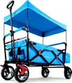 FUXTEC Bollerwagen Türkis FX-CT500 - mit Sonnendach | bis 75Kg | Klappbar | Feststellremse | inkl. Hecktasche| gummi Profil Räder | 128cm x60cm x102cm Türkis