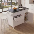 Kücheninsel HWC-P62 mit 2 Sitzhockern, Küchenschrank Schublade Staufächer MDF 90x131x47cm weiß, Marmor-Optik schwarz