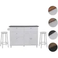 Kücheninsel HWC-P62 mit 2 Sitzhockern, Küchenschrank Schublade Staufächer MDF 90x131x47cm ~ weiß, Marmor-Optik schwarz