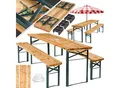 tectake® Bierzeltgarnitur, 3-teilig, klappbar, mit Sonnenschirmhalterung, beschichtetes Stahlgestell mit soliden Scharnieren, Holzlackierung mit Klarlack