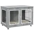 PawHut Hundekäfig Möbel mit 2 Türen Kissen 2 Verriegelungen Metall Hundebox für Zuhause Indoor Hundehütte für große Hunde bis zu 25 kg Beistelltisch Hundehaus 90 x 58 x 65 cm Grau
