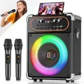 JYX S68 Karaoke Lautsprecher mit 2 kabellosen Mikrofonen, Bluetooth, Disco-Licht, 12h Akku, tragbar für Party & Events - Schwarz