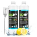 BiOHY Glas- und Oberflächenreiniger (2 x 1 liter) + Dosierer | Glasreiniger Konzentrat für streifenfreien Glanz | ergiebiger Glas & Kunststoffreiniger | Fettlöser & Kalkreiniger