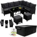 Juskys Polyrattan Lounge Manacor – Gartenlounge Mit Sofa, Tisch, 2 Hocker & Kissen Inkl. Abdeckung – Gartenmöbel Set Bis 8 Personen – Schwarz, Sitzbezüge In Grau