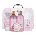 Accentra – Geschenkset Princess Kitty für Mädchen & Frauen – 7-teiliges Duschset mit Schaumbad, Badebomben, Duschgel, Bodylotion & mehr – Pflegeset mit Erdbeer & Vanille Duft im süßen Papierkoffer