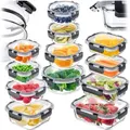 KADAX | 12er-Set Glasbehälter mit Deckel | Vorratsdosenset 320–1040 ml | luftdichte & auslaufsichere Lunchboxen, Meal Prep Boxen - Transparent/Schwarz